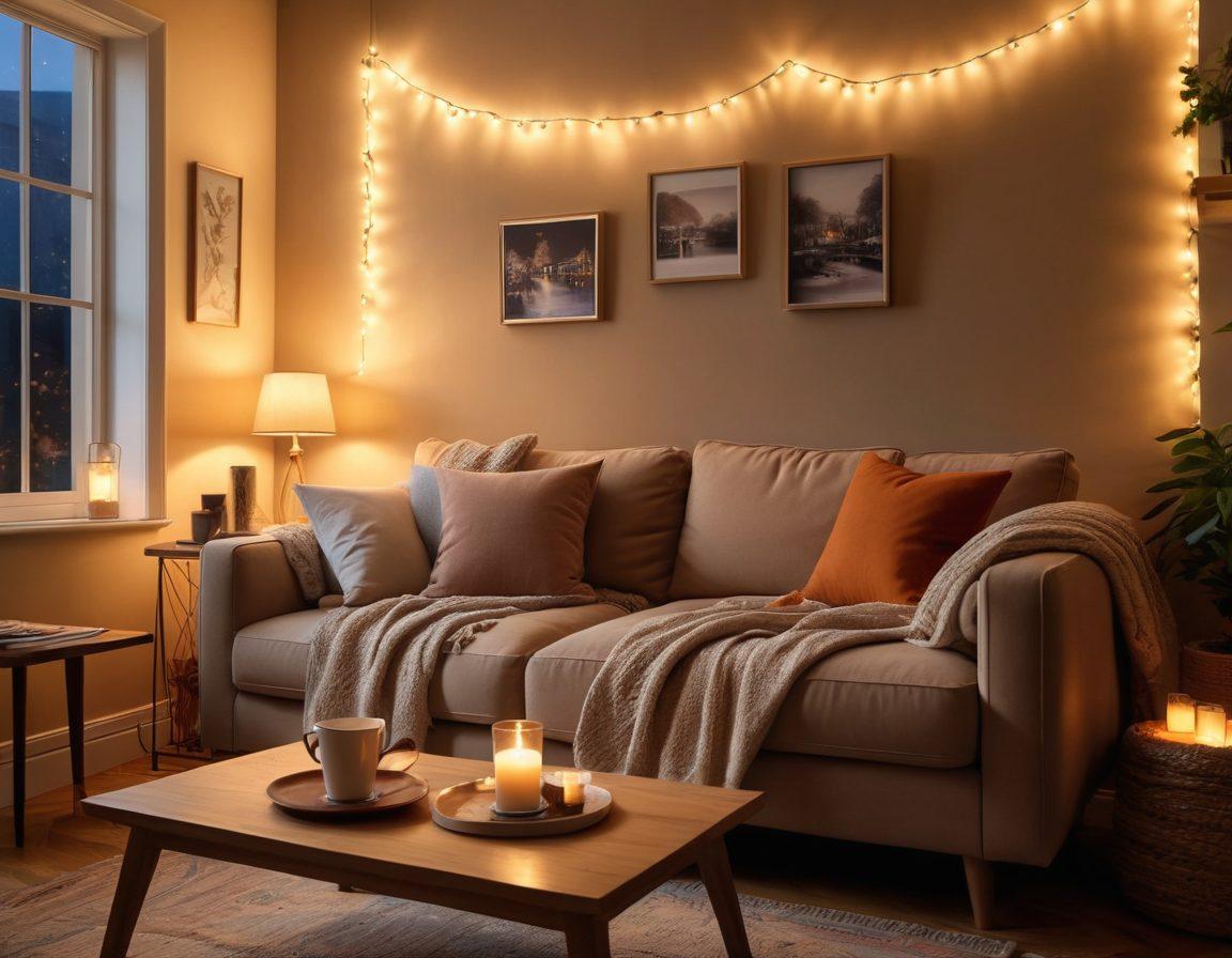 A cozy living room setting with a plush sofa adorned with colorful throw pillows, a soft blanket draped over the armrest, and a steaming cup of cocoa on a stylish coffee table. A large screen in the background shows snippets of iconic romantic films and series. Gentle warm lighting creates an inviting and intimate atmosphere, surrounded by decorative fairy lights. Illustrate emotions of love and warmth radiating from the scene. super-realistic. warm tones. cozy ambiance.