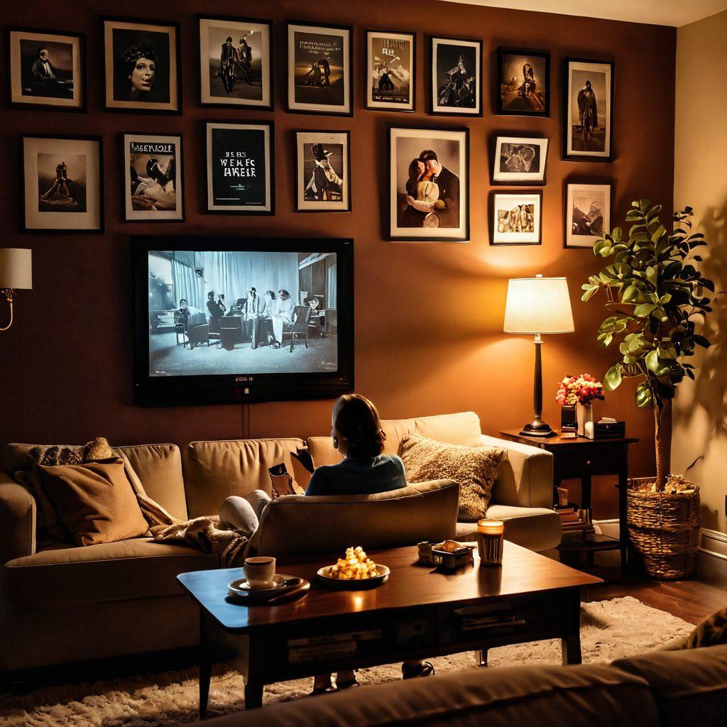 A cozy living room setting with a vintage projector displaying a romantic movie scene on the wall. Soft, warm lighting from table lamps creates an inviting atmosphere, while popcorn and drinks are spread on a coffee table. A couple snuggles on a plush couch, deeply engrossed in the film, surrounded by framed posters of popular romantic movies. The scene conveys warmth, connection, and the joy of shared cinematic experiences. super-realistic. warm colors. 3D.